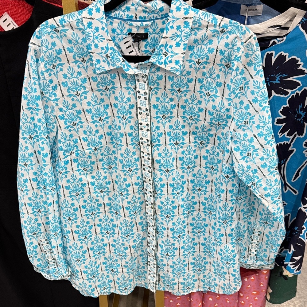 Talbots White & Turquoise Floral Button-Up Shirt
